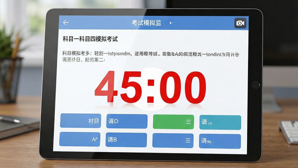 ͼƬ����Ϊ����Ŀһ��Ŀ��ģ�⿼�ԡ�������ƽ���豸�ϵ�ȫ��ģ�������棬���ֲ������½ṹ���ϰ벿��Ϊ��Ŀ���������°벿��Ϊ�ĸ�ѡ�ť������������Ŀ��ʾ�ź�ɫ����ʱ��45:00�����֣����Ͻ�������ͷСͼ��ģ�⿼�Լ�ء����Ϊдʵ3D��Ⱦ��ϸ�ڰ�����Ļ����Ч�������滷���������黯����ͻ���������档���ʸ��壬�ɾ����࣬�޶������