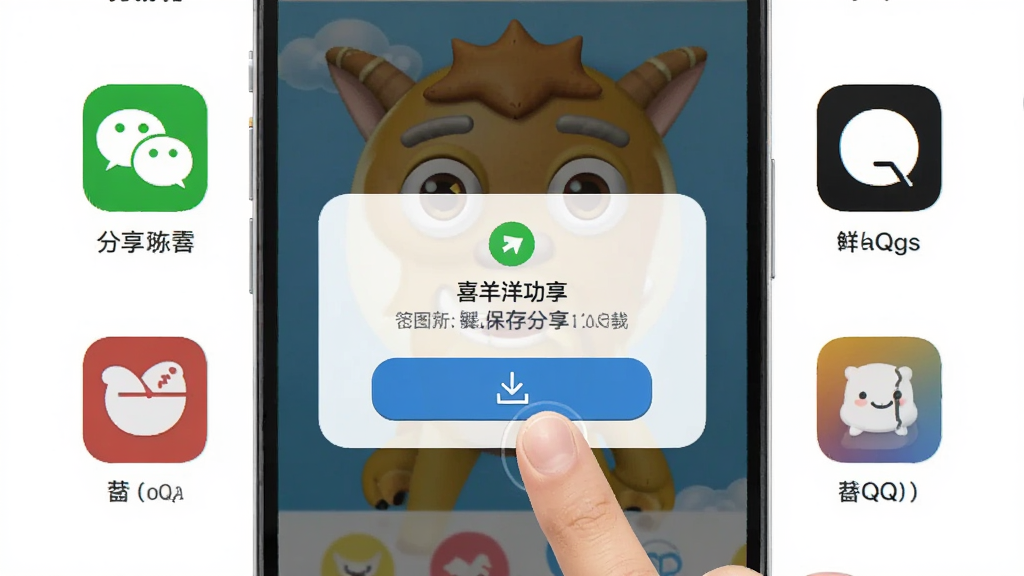 喜洋洋表情包一键保存分享操作演示图,画面展示手指点击下载按钮,弹出保存成功提示,周围有分享到微信、QQ等社交图标,界面简洁直观,色彩明快,高清画质,干净无多余元素
