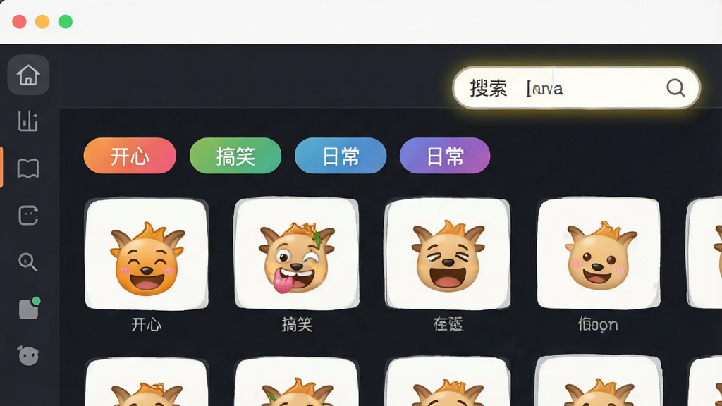 喜洋洋表情包智能分类检索功能截图,展示软件内部分类标签栏,如“开心”、“搞笑”、“日常”等彩色标签,搜索框高亮显示,界面现代简洁,图标清晰,高清画质,干净无多余元素