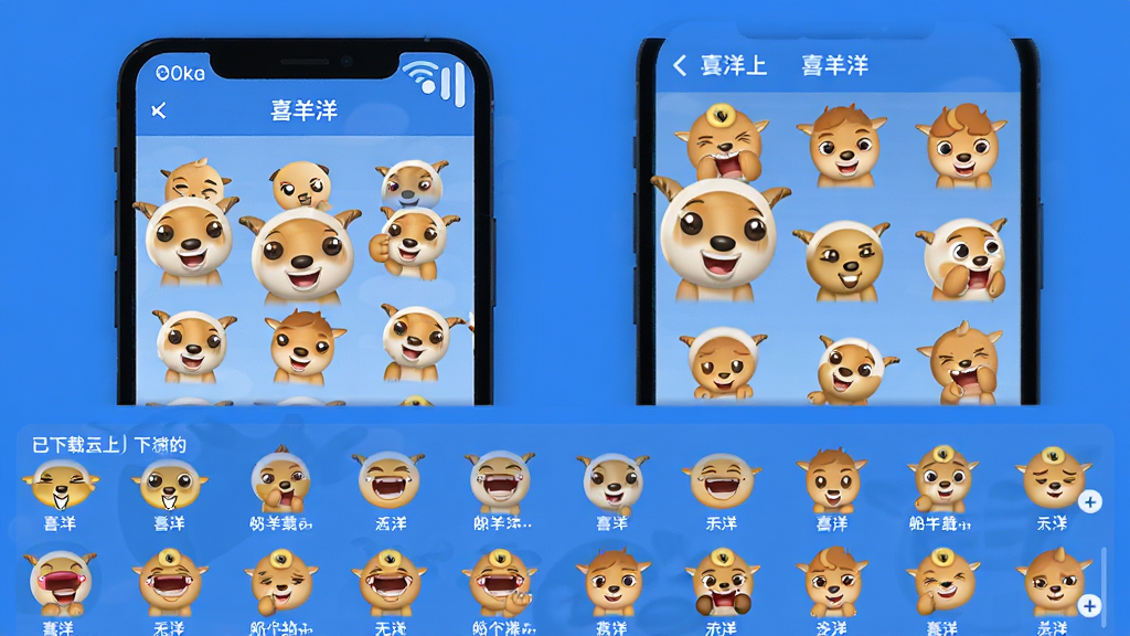 喜洋洋表情包离线使用场景示意图,展示手机无网络信号图标,但表情包页面仍可正常浏览和下载,画面下方显示已下载的表情包列表,风格简洁,蓝色调为主,高清画质,干净无多余元素