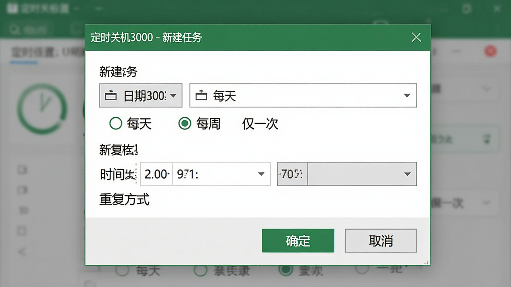 主体:定时关机3000的“新建任务”弹窗,展示时间设置选项;布局:弹窗居中,上方为日期选择,下方为时间与重复方式;排版:表单排列,标签清晰;风格:干净清爽的UI设计,绿色主色调;细节:弹窗标题为“定时关机3000 - 新建任务”,包含“每天”、“每周”、“仅一次”单选按钮,以及“确定”和“取消”按钮;画质:高清,干净,无多余元素