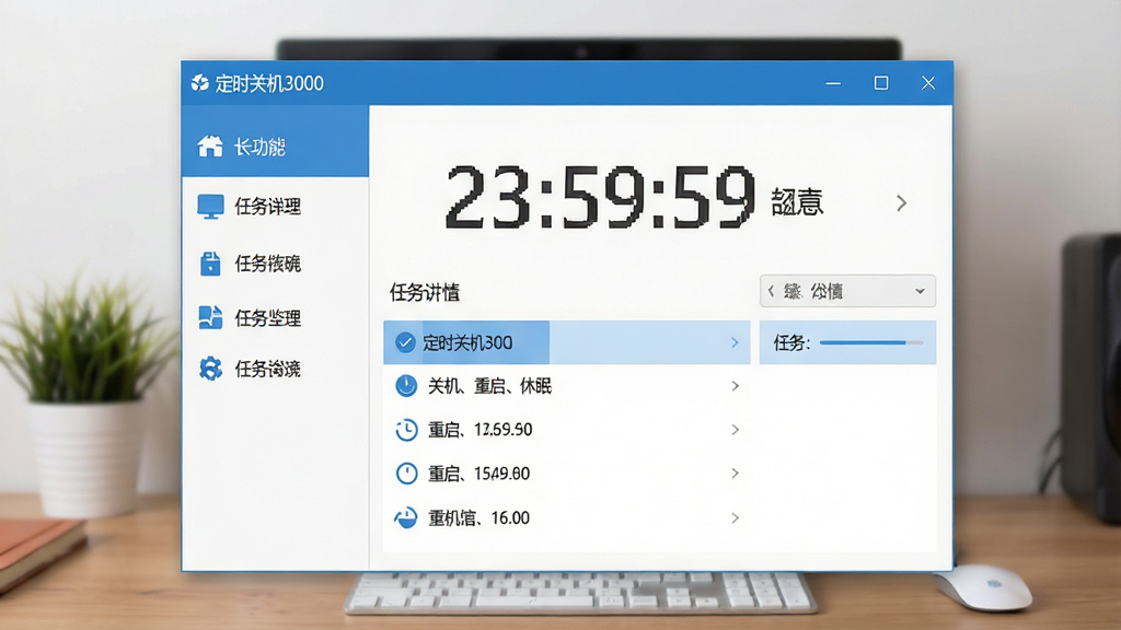 主体:电脑桌面上的定时关机3000软件主界面,显示倒计时与任务列表;布局:主界面居中,左侧功能菜单,右侧任务详情;排版:简洁清晰,图标与文字结合;风格:现代扁平化设计,蓝白配色;细节:界面中有“定时关机3000”字样,时间显示为23:59:59,任务列表包含“关机、重启、休眠”选项;画质:高清,干净,无多余元素