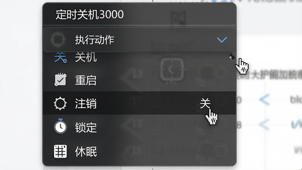 主体:定时关机3000的“执行动作”下拉菜单,展开显示关机、重启、注销、锁定、休眠等选项;布局:菜单列表垂直排列,鼠标悬停在“关机”选项上;排版:简洁列表,图标辅助;风格:扁平化,深色背景高亮选中项;细节:下拉框顶部有“定时关机3000”标识,选项前有对应图标,背景为磨砂玻璃效果;画质:高清,干净,无多余元素