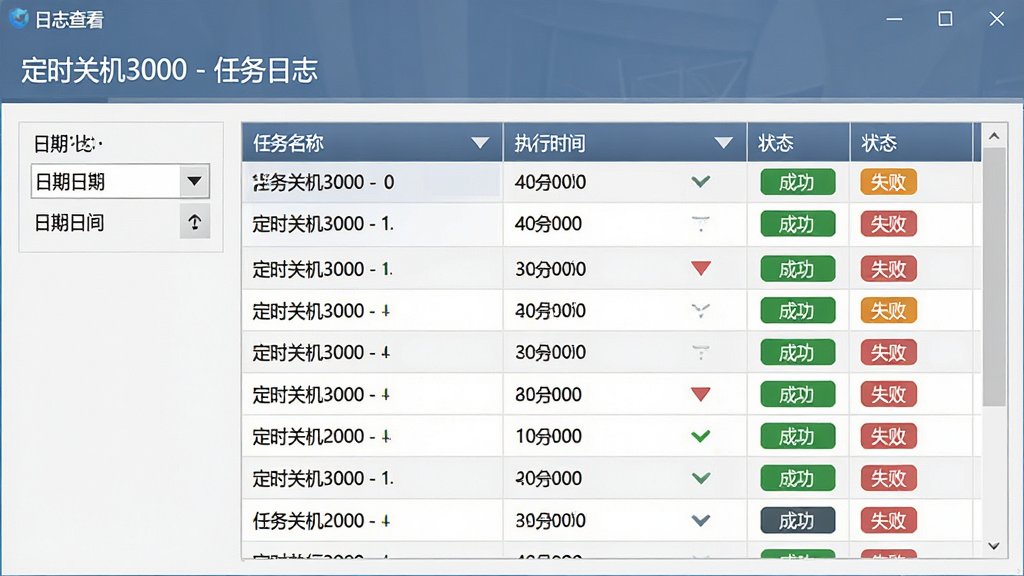 主体:定时关机3000的“日志查看”界面,表格中列出多条任务记录;布局:左侧为日期筛选,右侧为日志表格;排版:表格行清晰,状态用不同颜色标识;风格:商务简约风,蓝灰配色;细节:表格列包含“任务名称、执行时间、状态”,状态为“成功”或“失败”,顶部标题为“定时关机3000 - 任务日志”;画质:高清,干净,无多余元素