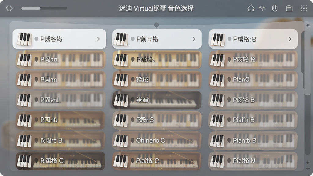 迷迪虚拟钢琴软件的音色选择界面,主体是展开的音色列表,包含多种钢琴音色名称,布局清晰,配以琴键图标,整体风格简洁现代,色彩柔和,干净无多余元素,高清画质
