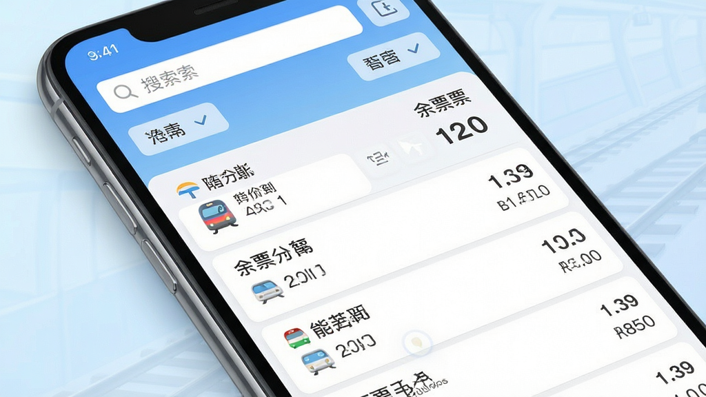 一张展示火车票务查询软件核心界面的高清预览图,主体为智能手机屏幕特写,屏幕内清晰显示列车时刻列表、余票数量、票价信息等元素,布局采用简洁的列表式设计,顶部有搜索框和筛选按钮,背景为浅蓝色渐变的干净风格,画质清晰,光线柔和,突出软件的专业与便捷,无多余元素