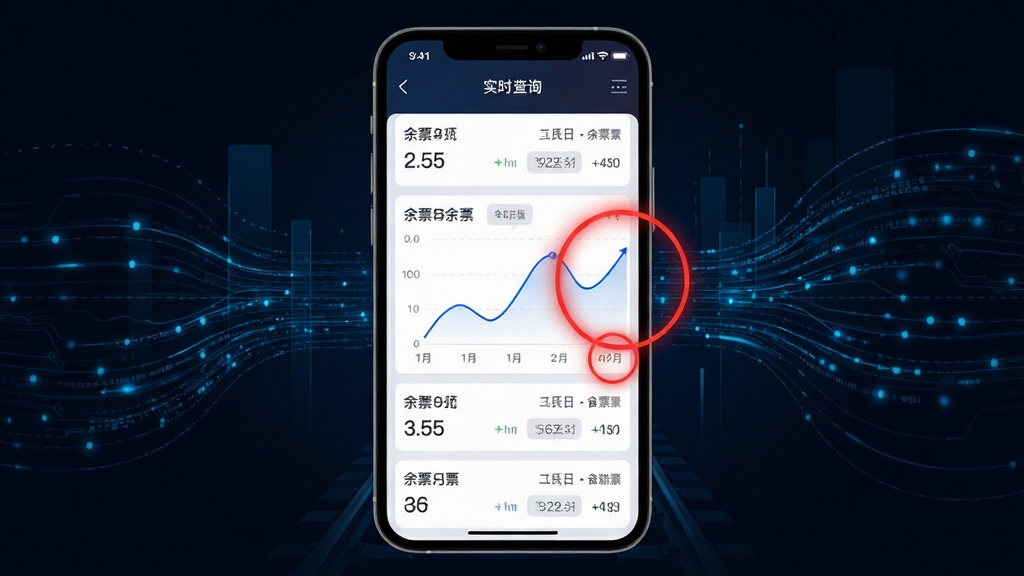 展示火车票务查询软件智能余票监控功能的预览图,主体为手机界面截图风格,屏幕中央显示多个车次的余票数量变化曲线图,并用醒目的红色圆圈标出余票更新的位置,背景为深色科技感界面,配以蓝色数据流线条,画质高清,干净整洁,突出实时监控的智能感与高效性,无多余元素