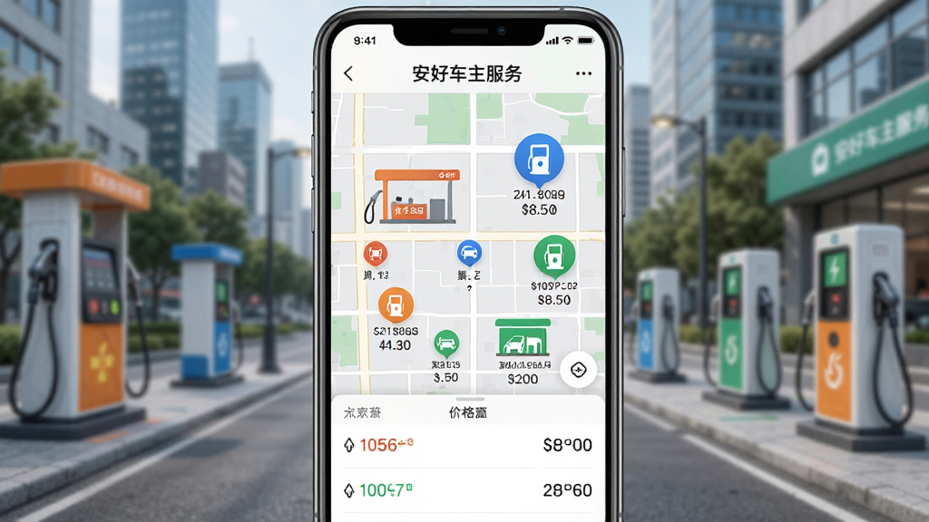画面主体为手机屏幕展示“安好车主服务”的加油充电地图,背景为城市街景,加油站与充电站图标用不同颜色标注,布局以地图为主,底部弹出价格列表,排版合理,风格清新,细节包含油价数字与充电功率标识,画质干净,无多余元素