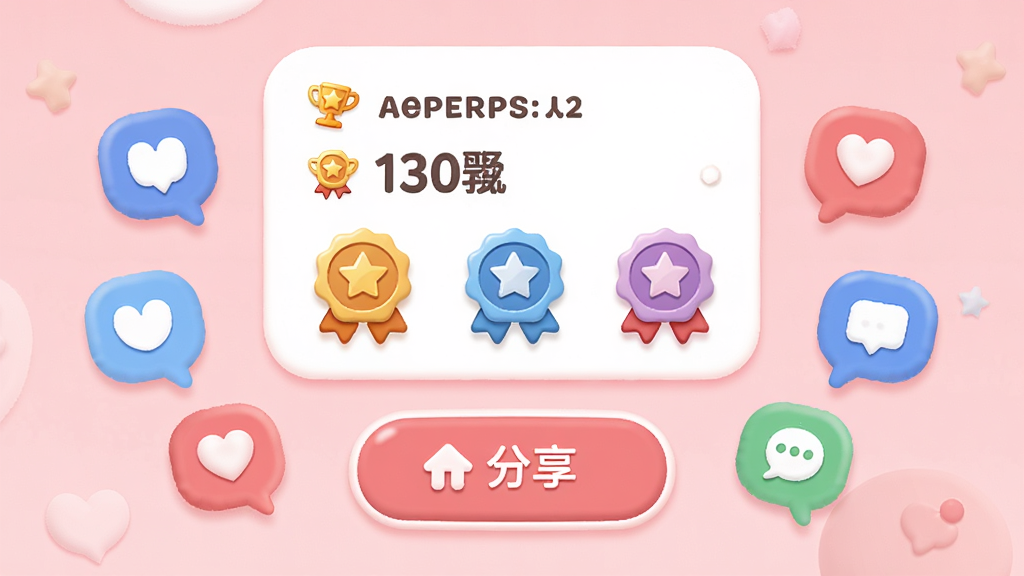 展示AE起玩社交分享界面,上方是成绩卡片,包含分数和成就徽章,下方是分享按钮,周围有气泡式社交图标,背景为柔和粉色,布局居中,风格可爱活泼,细节圆润,画质清晰,干净无多余元素