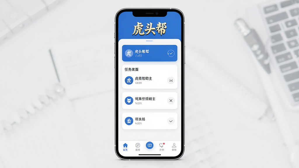 虎头帮主界面展示,智能手机竖屏布局,顶部显示“虎头帮”品牌标识,中间为任务列表卡片,底部导航栏清晰,整体风格现代简约,蓝白主色调,界面干净明亮,高清渲染,画质清晰,无多余元素