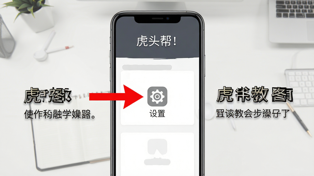 虎头帮使用教程示意图,展示手机操作步骤,屏幕上有红色箭头指向“设置”图标,旁边有文字说明,背景为简洁桌面,风格简明,布局有序,细节清晰,画质高清,无多余元素