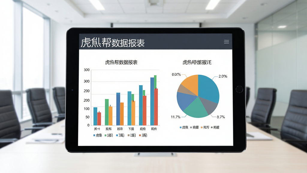 虎头帮数据报表页面,平板电脑横屏显示彩色图表,包含柱状图与饼图,图表旁有数据标签,背景为会议室场景,光线明亮,整体商务风格,排版整齐,细节清晰,画质高,无多余元素