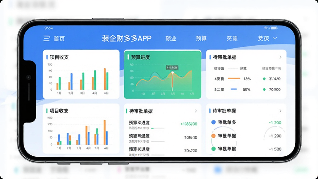 装企财多多APP界面预览图,主体为手机屏幕展示软件主页面,布局清晰显示项目收支、预算进度、待审批单据等模块,排版简洁明快,风格现代商务,细节包含彩色数据图表与列表,画质高清干净,无多余元素
