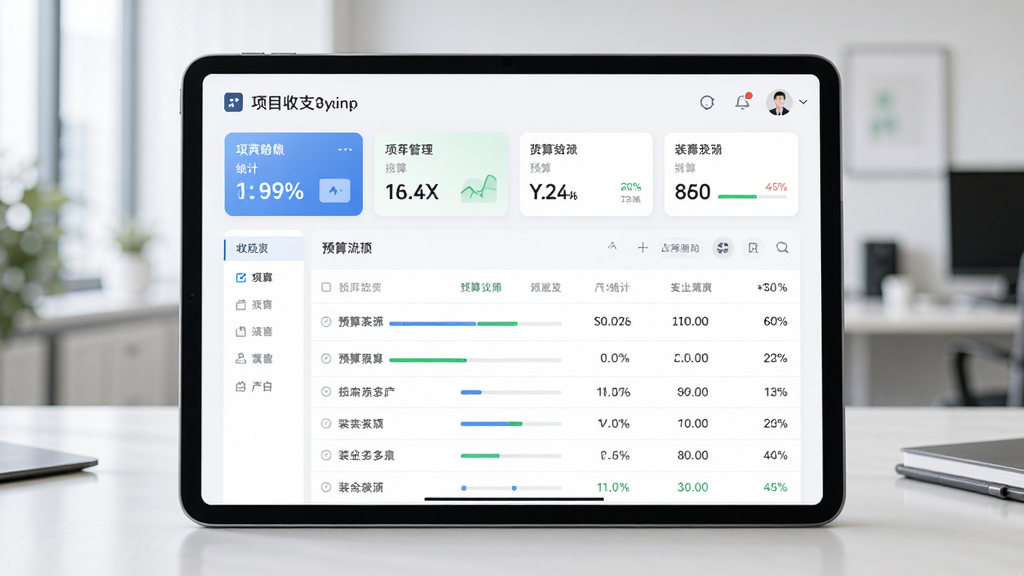 装企财多多项目收支管理功能预览图,主体为平板电脑展示项目收支明细界面,布局包含顶部统计卡片和下方流水列表,排版整齐有序,风格清新商务,细节显示预算条与进度百分比,画质干净清晰,无多余元素