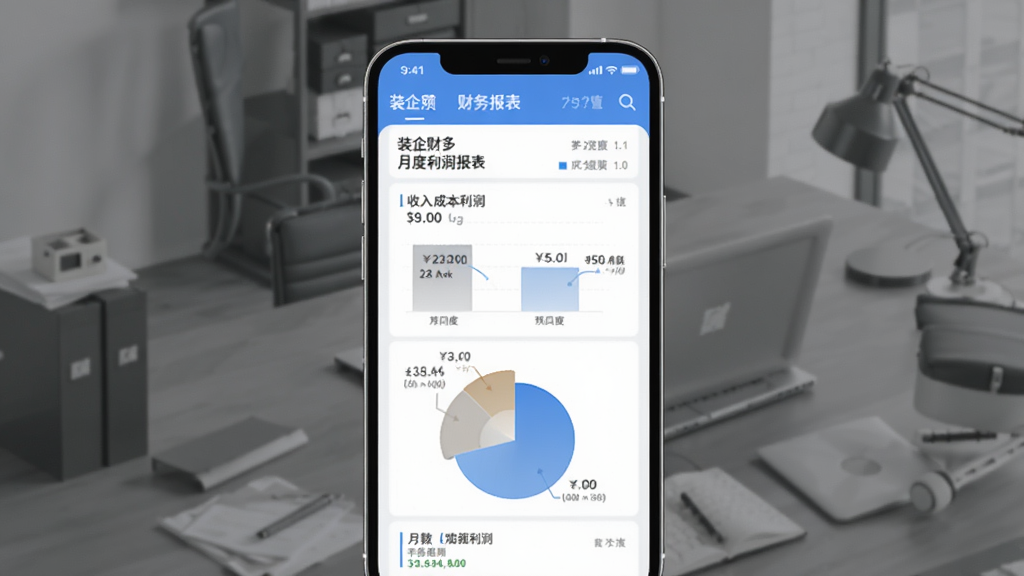 装企财多多财务报表功能预览图,主体为手机界面展示月度利润报表,布局包含柱状图与饼图,排版清晰美观,风格简约专业,细节标注收入成本利润数值,画质高清,无多余元素