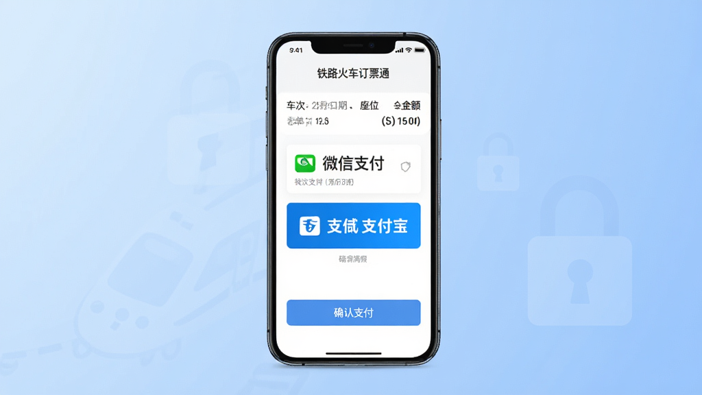 主体:一部手机展示“铁路火车订票通”的支付界面,屏幕上显示微信支付和支付宝两个选项,下方有“确认支付”按钮。布局:手机居中,背景为柔和的渐变蓝色。排版:界面元素垂直排列,简洁明了。风格:商务简约风,注重功能展示。细节:订单摘要显示车次、日期、座位等级和金额,背景有微弱的锁形安全图标。画质:高清渲染,色彩准确,画面干净。