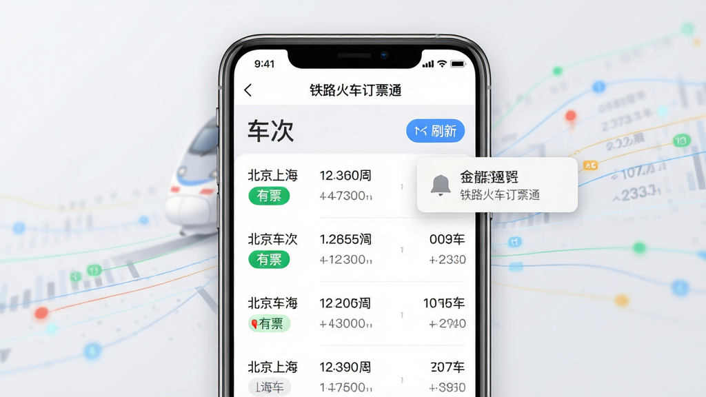 主体:手机APP截图展示“智能余票监控”功能,界面显示北京到上海的车次列表,其中一趟车标注“有票”绿色标签。布局:手机屏幕占据画面主体,四周留白并有浅灰色背景衬托。排版:界面顶部为“铁路火车订票通”字样,中部列表清晰排布车次信息。风格:写实UI界面展示风格,界面简洁清晰。细节:突出显示刷新按钮和通知提醒浮窗,背景有微弱的动态数据流线条。画质:高分辨率,细节锐利,画面干净无多余元素。