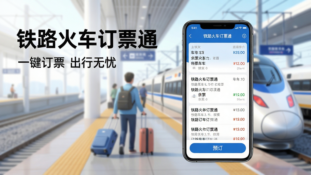 主体:一部亮着屏幕的智能手机,屏幕上清晰显示“铁路火车订票通”APP界面,界面中有车次列表和“预订”按钮。背景为模糊的火车站台与和谐号动车组。布局:手机居于画面中央偏右,左侧留白放置APP名称文字。排版:采用杂志式构图,标题“铁路火车订票通”使用黑体大字置于左上角,下方配以“一键订票 出行无忧”的标语。风格:现代扁平化结合轻微拟真光影,色彩明快,以铁路蓝和白色为主色调。细节:屏幕内展示余票信息和价格,背景站台有旅客拖着行李箱行走。画质:8K超高清渲染,画面干净通透,无多余元素。