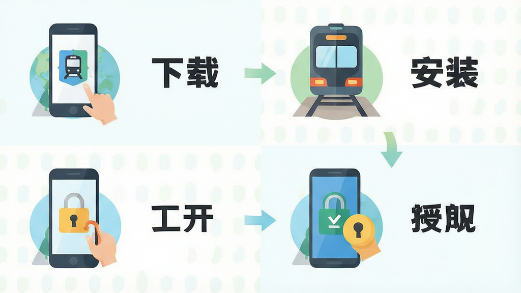 主体:一张操作流程图,展示手机安装“铁路火车订票通”的步骤,包括下载、安装、打开、授权。布局:四宫格图例形式,每格配简单图标和文字说明。排版:从左到右,从上到下,流程清晰。风格:扁平化插画风格,颜色清新。细节:每个图标下方有对应操作步骤文字。画质:高清矢量图风格,画面干净整洁。