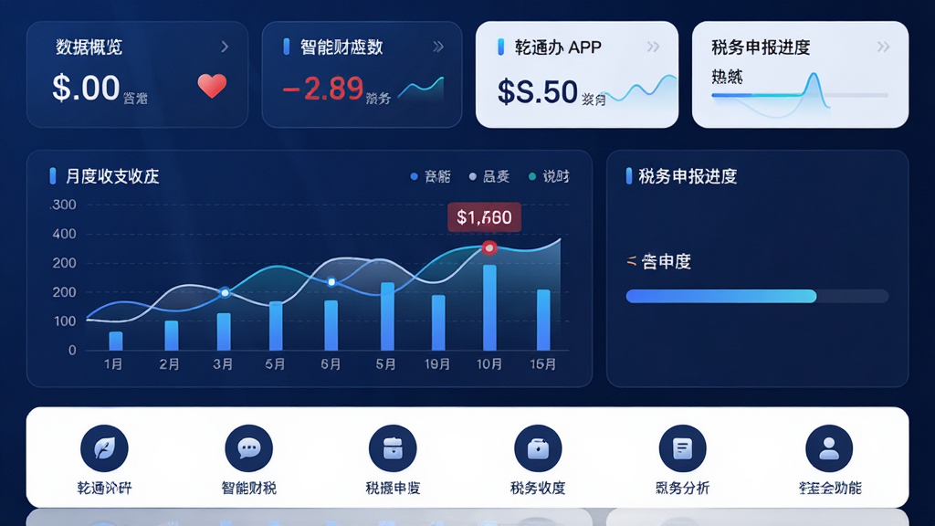 主体:乾通办APP“智能财税”功能界面,显示月度收支图表和税务申报进度条;布局:屏幕上方为数据概览卡片,下方为功能按钮,整体左右对称;排版:数据可视化图表居中,按钮采用圆形图标加文字标注;风格:科技感商务风,深蓝与白色搭配;细节:图表有动态数据线条,关键数字用红色标注,界面质感细腻;画质:高清,干净,无多余元素