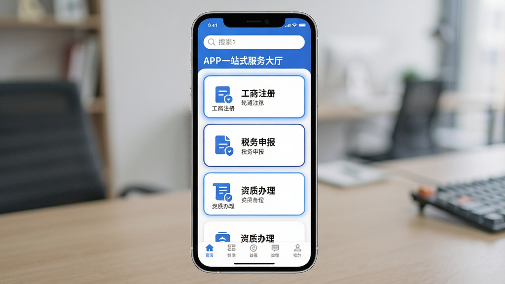 主体:乾通办APP“一站式服务大厅”界面,展示多个服务分类卡片,如“工商注册”、“税务申报”、“资质办理”;布局:手机屏幕内,服务卡片以列表形式纵向排列,每张卡片配有图标和名称;排版:卡片整齐,顶部搜索栏,底部导航栏;风格:简洁商务风,白色背景搭配蓝色主题色;细节:卡片圆角设计,选中状态有高亮边框,文字清晰;画质:高清,干净,无多余元素