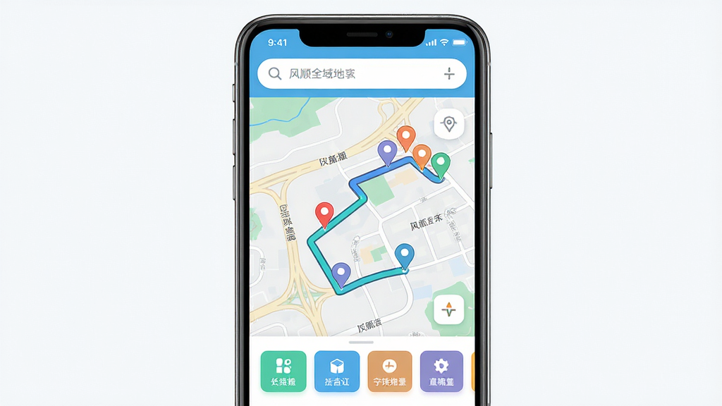 一幅现代科技感的全域地图界面预览图,主体为手机屏幕展示风顺全域地图主界面,布局为上方搜索栏、中间彩色动态路线图、下方功能按钮,风格扁平化且配色清新,细节包含道路标注与兴趣点图标,画质高清干净,无多余元素