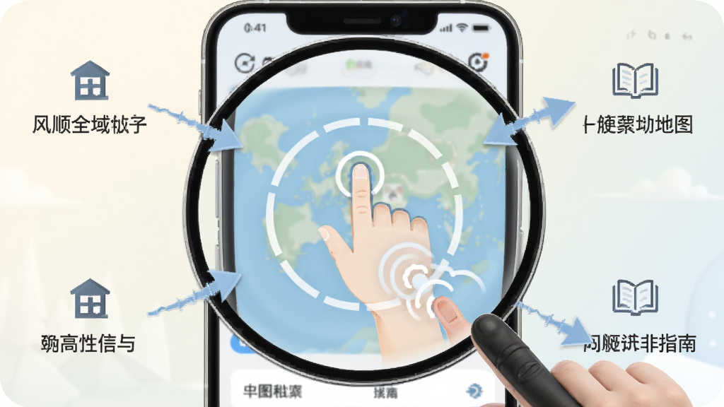 风顺全域地图使用指南插图,主体为一部手机放大显示操作界面,布局为屏幕中央有手势提示圈,周围有功能标注箭头,风格为说明图风格配以柔和背景,细节包括手指点击动画效果,画质清晰干净