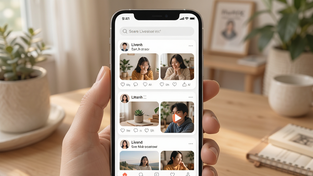画面主体为“Live时光”APP的社区动态信息流页面,展示用户发布的图文与短视频内容。布局采用手机竖屏界面展示,顶部是搜索栏,下方是卡片式信息流。排版清晰,突出社区互动氛围。风格为清新简约的UI设计风格,色彩柔和,细节丰富,展现温暖社区感。画质干净、无多余元素。