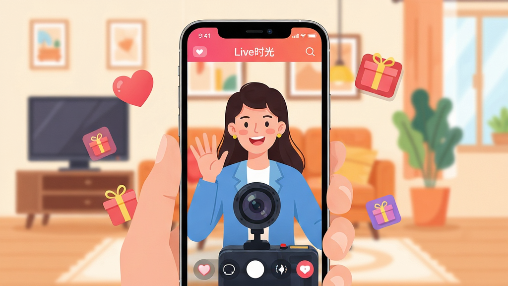 画面主体为一部手持智能手机,屏幕中正在运行“Live时光”APP的直播界面,一位年轻主播正对着镜头微笑挥手,背景是温馨的客厅环境。布局采用手机居中、界面内容清晰可见的构图,周围点缀着飘浮的爱心与礼物图标。排版以手机屏幕为视觉中心,上下留白。风格为现代扁平化插画风,色彩明亮温暖,细节丰富,展现出直播的欢乐氛围。画质高清、干净,无多余元素。