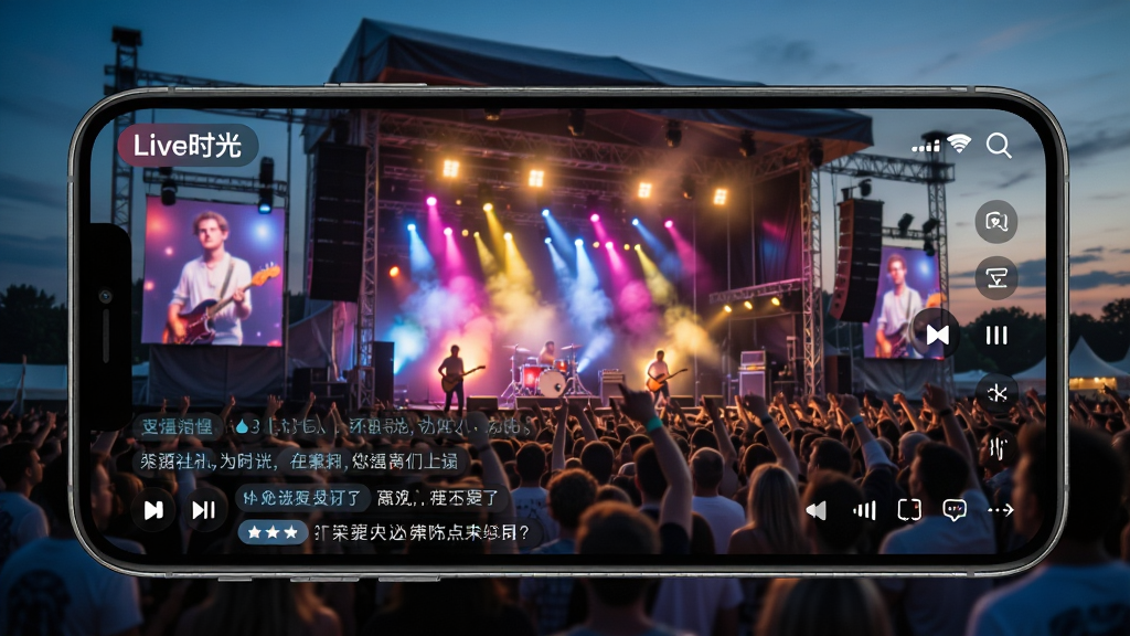 画面主体为“Live时光”APP直播播放页面的截图展示,画面中正在播放一场户外演唱会,舞台灯光绚烂。布局采用手机横屏播放的样式,突出画面质感。排版将播放界面置于画面中央,底部显示评论弹幕。风格为写实风格结合UI界面展示,色彩鲜艳,细节丰富,展现高清画质。画质极致清晰、干净,无多余元素。