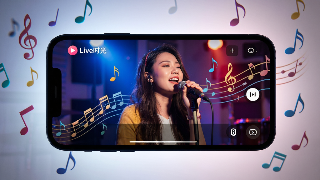 画面主体为一部智能手机横屏观看“Live时光”直播的画面,主播正在唱歌。布局为手机横屏居中,屏幕光线照亮周围环境。排版突出屏幕内容,周围配以音乐符号和音符点缀。风格为写实摄影风格,色彩鲜艳,细节清晰,展现沉浸式观看体验。画质高清、干净,无多余元素。