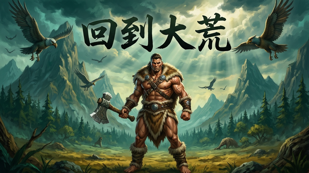 一幅充满神秘与野性气息的《回到大荒》游戏宣传海报,主体为一名身披兽皮、手持石斧的健壮主角,站在苍茫蛮荒大地上,背景是巍峨的远古山脉与翱翔的巨禽,天空云层翻涌,光线穿透云层洒落,画面整体色调以青绿与土黄为主,突出原始洪荒的壮阔感,构图采用中心主体加宏大背景的远景布局,风格为写实厚涂,细节刻画皮肤纹理、兽皮毛发与远处森林的层次,画质高清,干净,无多余元素,画面中漂浮着“回到大荒”四个艺术字。