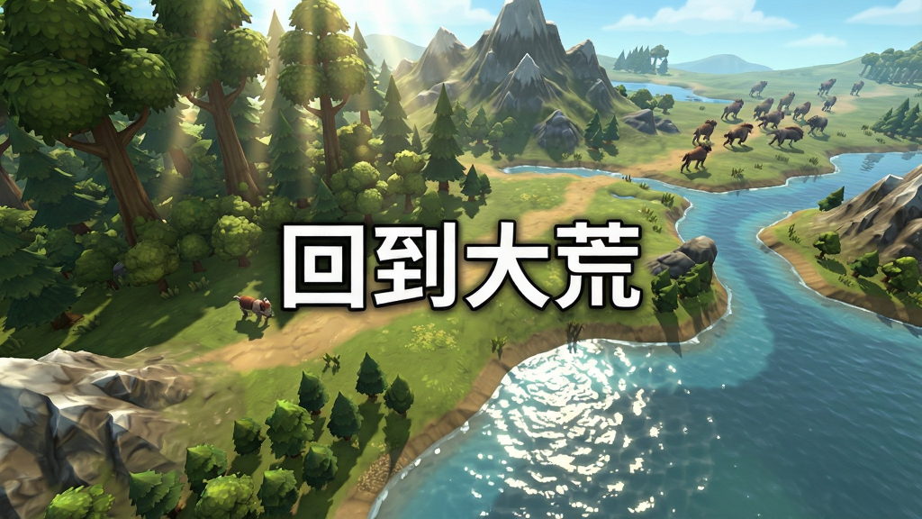 《回到大荒》游戏实机截图,主体是广阔的游戏世界地图,画面布局采用远景俯瞰视角,展示森林、山脉、河流等多种地形地貌的交错,风格为卡通渲染与写实结合,细节包括阳光透过树叶的光斑、水面的波光粼粼以及远处走动的野兽群,整体色调明亮自然,画质清晰,干净,无多余UI界面,图片中央位置有“回到大荒”字样。