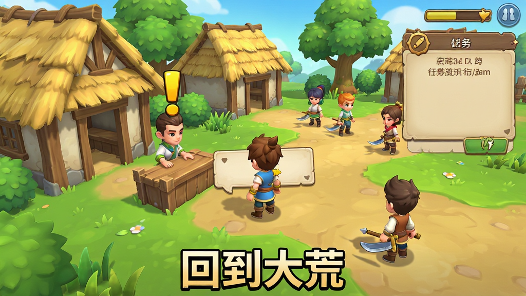 《回到大荒》新手攻略场景图,主体是游戏内的新手村景象,布局为一名新手玩家正在与NPC对话接取任务,周围是低矮的茅草屋和几个新手玩家,风格为清新明亮的手游卡通风格,细节展示NPC头顶的黄色感叹号、任务面板的UI以及周围环境的树木草丛,画质清晰,干净,无多余元素,画面下方有“回到大荒”文字标识。