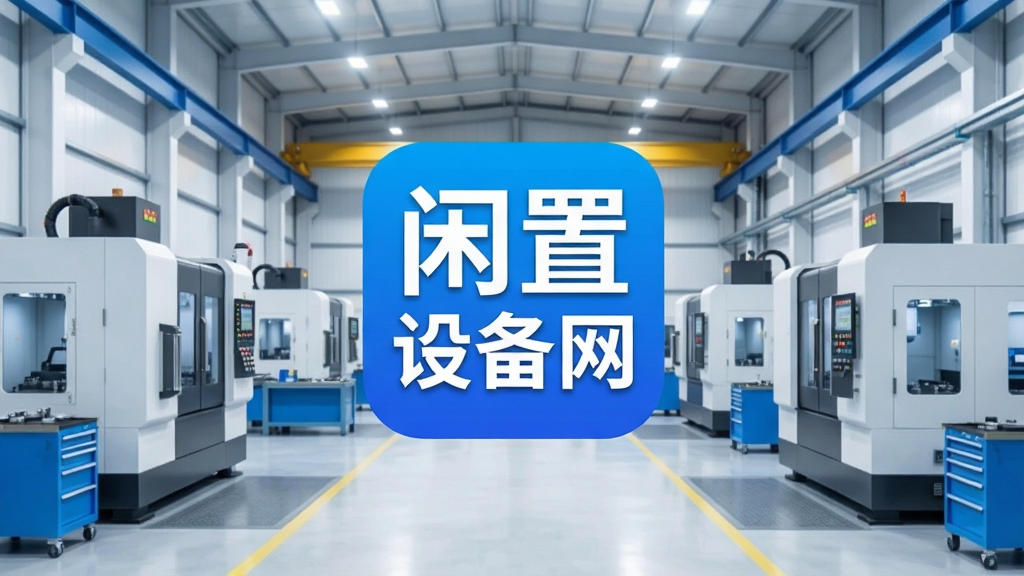 一张展示工业设备交易平台的手机界面截图,画面中央是醒目的“闲置设备网”应用图标,背景为整洁的工厂车间,带有现代化机械设备,界面布局清晰,色彩以蓝色和白色为主,科技感强,画质干净,无多余元素,整体风格专业且实用。