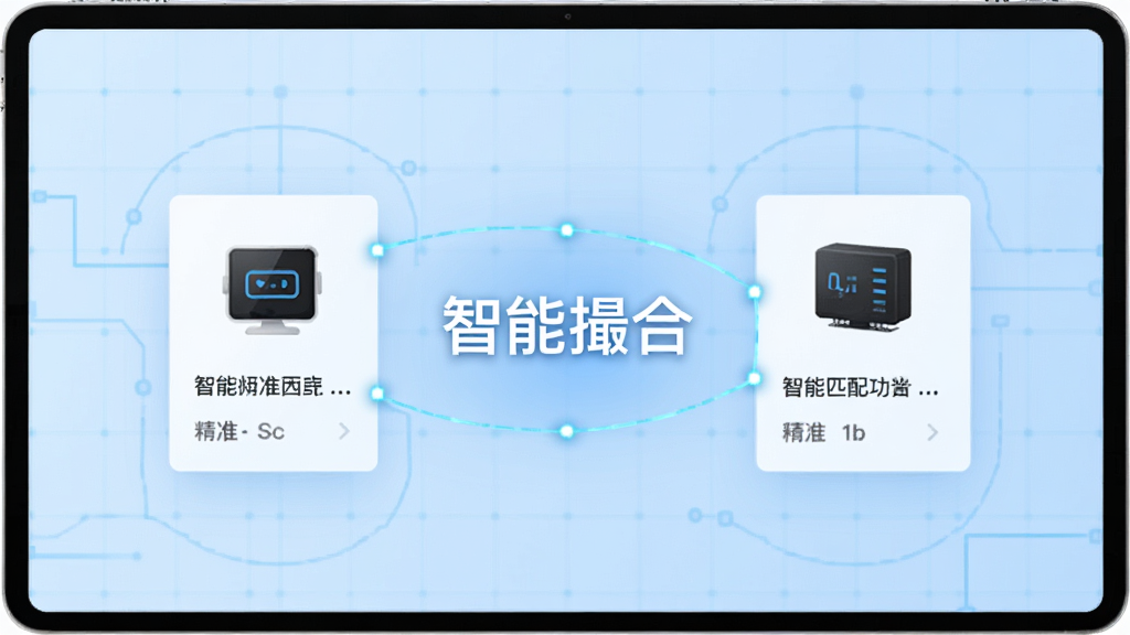 展示闲置设备网智能匹配功能的界面,屏幕中显示两个设备卡片正在相互靠近并产生连线,背景为淡蓝色科技网格,寓意精准匹配,画面中央有“智能撮合”字样,整体风格现代简约,画质干净,无多余元素。