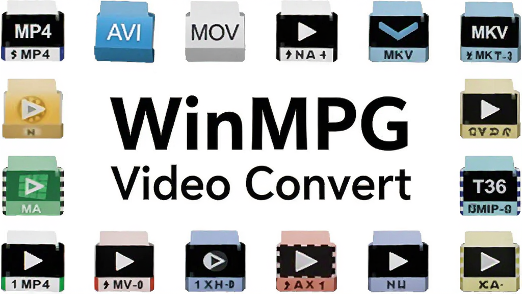 一张展示WinMPG Video Convert格式支持范围的示意图,画面中央是软件名称“WinMPG Video Convert”,周围环绕着各种视频格式图标,如MP4、AVI、MOV、MKV等,布局清晰,风格简约,画质高,干净无多余元素