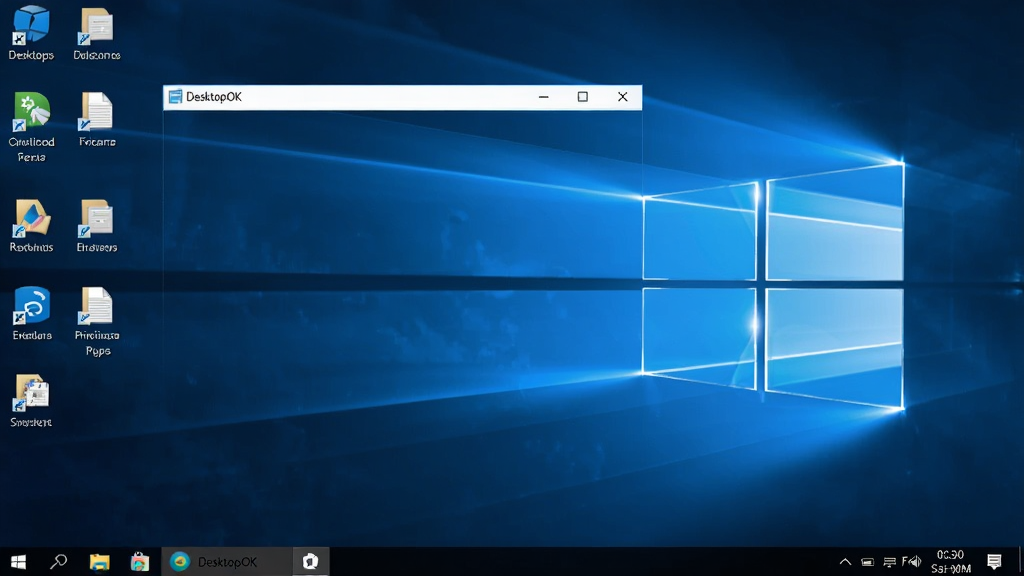 DesktopOK软件运行在Windows桌面上的实拍图,任务栏和桌面图标清晰可见,软件窗口悬浮于角落,整体画面干净明亮,画质清晰,无多余元素
