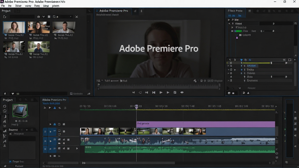 主体:Adobe Premiere Pro 软件界面截图,显示多轨道时间线和预览窗口,界面以深色为主,轨道上排列着彩色视频片段。布局:左侧为项目素材面板,中间为节目预览监视器,右侧为效果控件面板,底部为时间线编辑区。排版:清晰展示软件核心工作区,各面板布局合理,符合专业剪辑软件风格。风格:真实软件截图风格,高分辨率,细节清晰,色彩准确。画质:4K超清,画面干净,无多余元素,文字标注“Adobe Premiere Pro”。