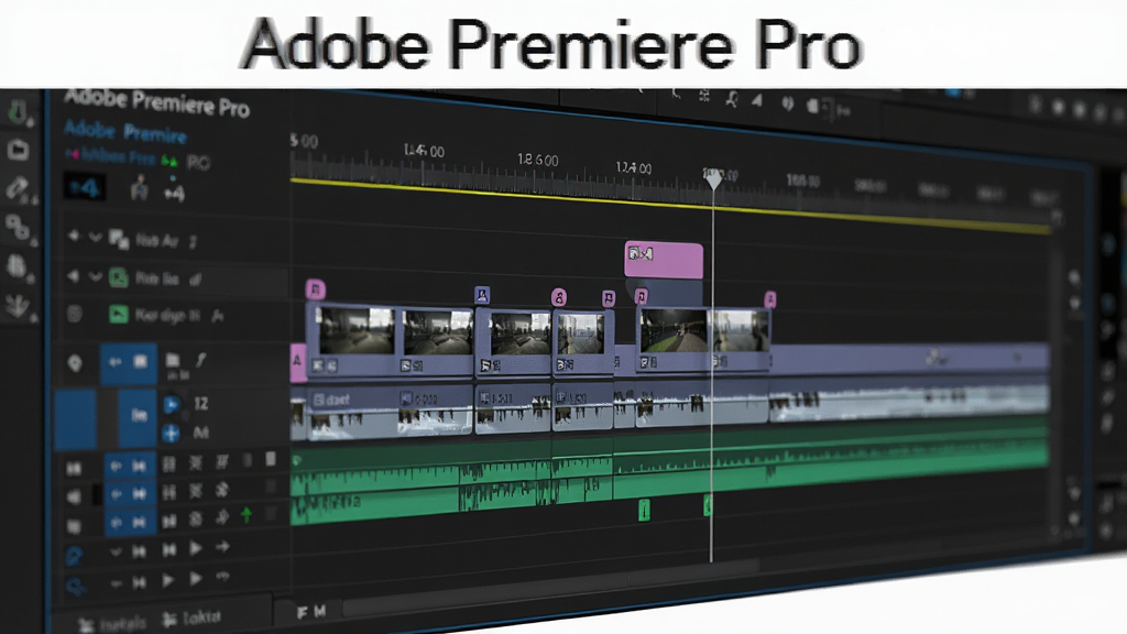主体:Adobe Premiere Pro 的时间线面板特写,显示多个视频和音频轨道,带有剪辑片段、转场效果和关键帧标记。布局:时间线水平排列,轨道从左到右展开,上方有标尺和播放头。排版:清晰展示轨道层次和剪辑细节,色彩区分不同类型素材。风格:真实软件界面截图风格,高分辨率,细节丰富。画质:4K超清,画面干净,无多余元素,文字标注“Adobe Premiere Pro”。