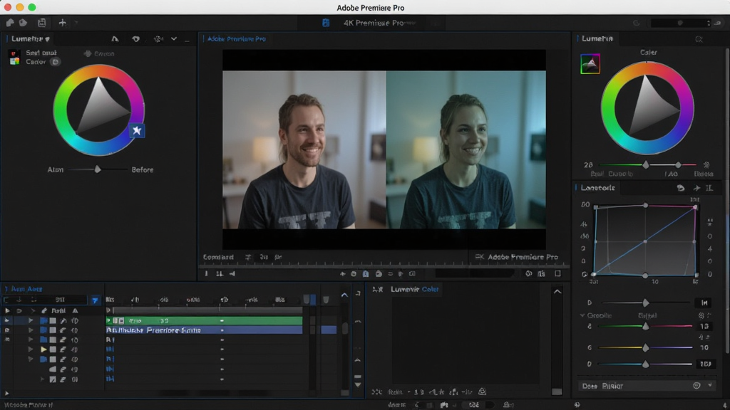 主体:Adobe Premiere Pro 的 Lumetri 颜色面板界面,显示色轮、曲线和基本校正选项,背景为一段调色前后的对比视频画面。布局:左侧为效果控件,右侧为颜色面板,中间为预览画面。排版:清晰展示调色工具布局,画面色彩鲜艳,对比明显。风格:真实软件界面截图风格,高分辨率,色彩精准。画质:4K超清,画面干净,无多余元素,文字标注“Adobe Premiere Pro”。