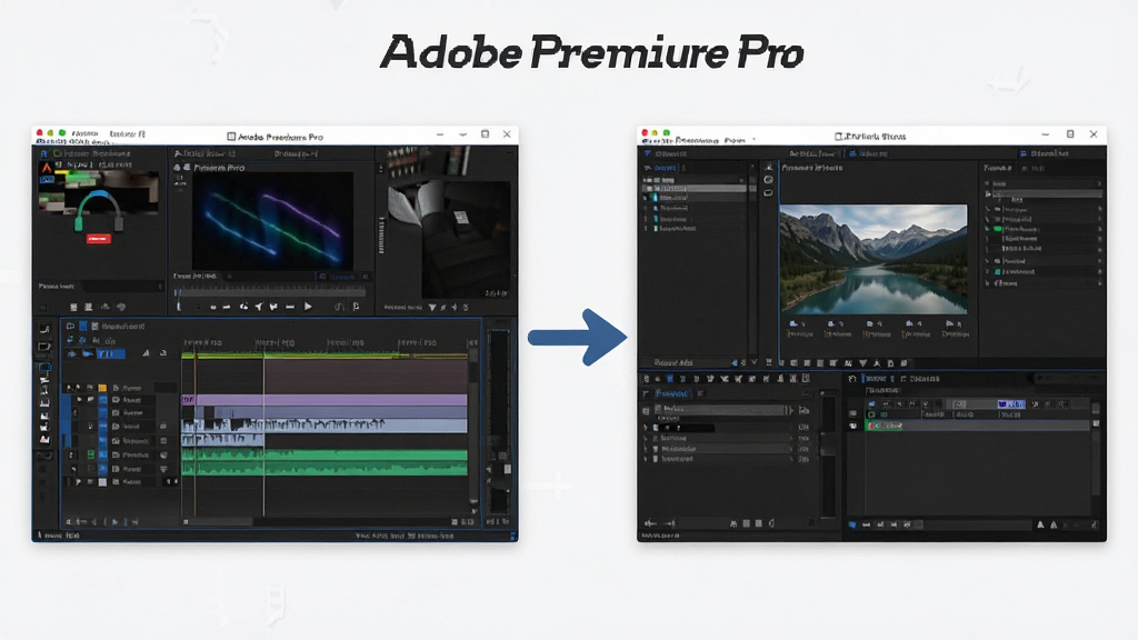 主体:Adobe Premiere Pro 与 After Effects 动态链接的界面示意,显示两个软件窗口并排,中间有链接箭头。布局:左侧为 Premiere Pro 时间线,右侧为 After Effects 合成,箭头连接。排版:清晰展示协作流程,界面整洁。风格:概念示意图,现代扁平化风格,高分辨率。画质:4K超清,画面干净,无多余元素,文字标注“Adobe Premiere Pro”。