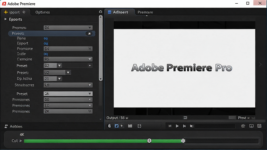 主体:Adobe Premiere Pro 导出设置界面,显示格式选择、预设参数和输出预览。布局:左侧为导出选项,右侧为输出预览窗口,下方为进度条。排版:清晰展示导出流程,界面简洁。风格:真实软件截图风格,高分辨率,细节清晰。画质:4K超清,画面干净,无多余元素,文字标注“Adobe Premiere Pro”。