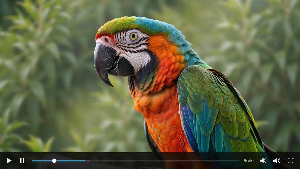 KMPlayer 播放 4K 超高清视频截图,画面展示一只色彩斑斓的鹦鹉,羽毛细节清晰可见,背景虚化,播放器界面为深色半透明,底部有进度条和音量控制,画质细腻,排版简洁,干净无多余元素