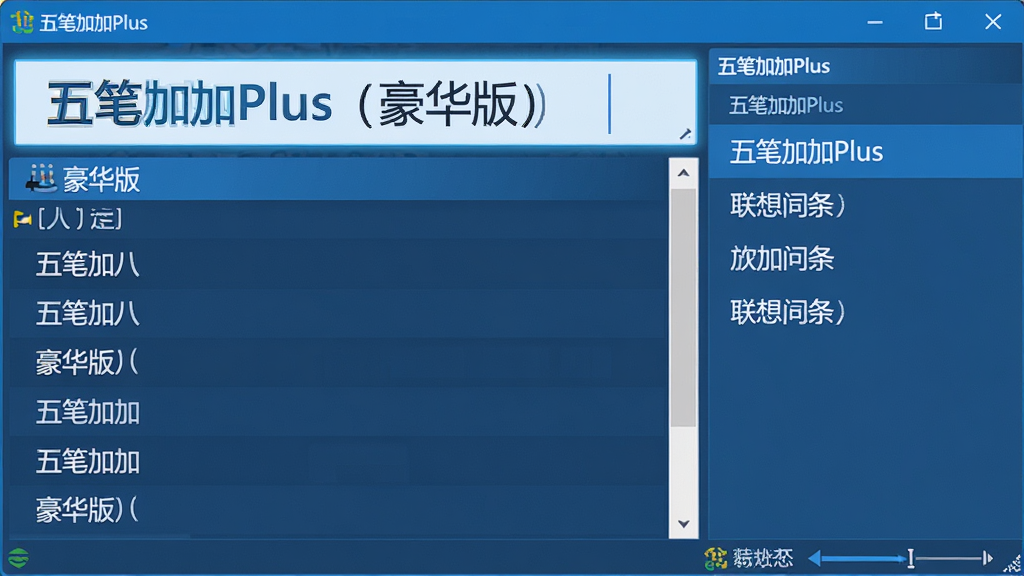 主体:五笔加加Plus(豪华版)软件主界面,布局:左侧为候选词栏,右侧为联想词条,底部为状态栏;排版:界面简洁清晰,输入框高亮显示“五笔加加Plus(豪华版)”字样;风格:现代扁平化设计,蓝色主色调;细节:候选词字体清晰,输入法状态图标明显;画质:高清渲染,干净无多余元素。