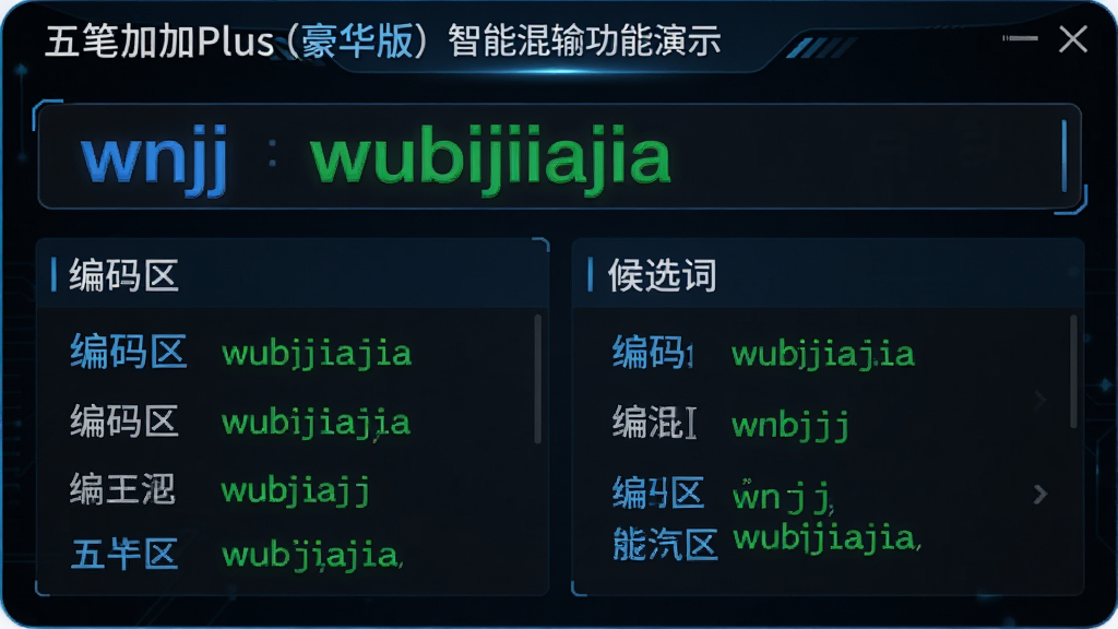 主体:五笔加加Plus(豪华版)智能混输功能演示,布局:输入框内同时显示五笔编码“wnjj”和拼音“wubijiiajia”,下方候选词列表;排版:左右分栏,左侧为编码区,右侧为候选词;风格:科技感界面,文字高亮;细节:五笔编码用蓝色标注,拼音用绿色标注;画质:清晰流畅,干净无多余元素。