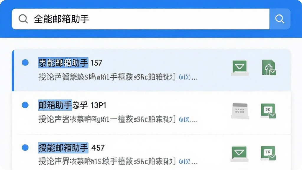 全能邮箱助手搜索功能界面,屏幕顶部搜索框,下方显示搜索结果列表,高亮关键词,列表有邮件摘要和附件图标,界面简洁,蓝白配色,高清画质,细节丰富,干净无多余元素