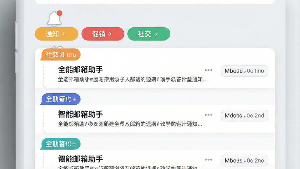 全能邮箱助手智能分类功能展示,邮件列表按标签分组,顶部显示“通知”、“促销”、“社交”等标签,彩色标签条,界面清晰,现代简约风格,浅灰背景,高清渲染,干净无多余元素