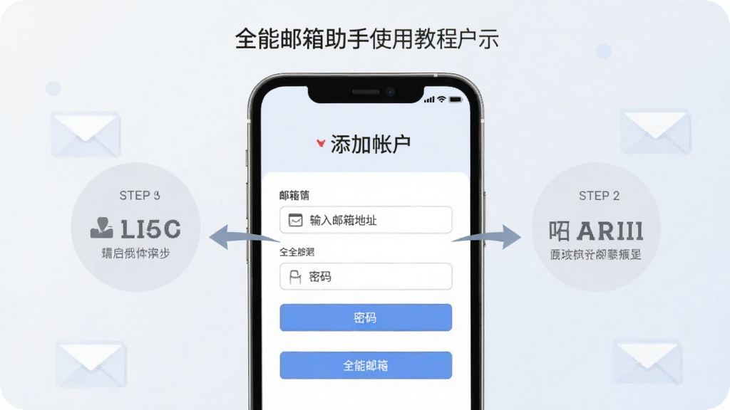 全能邮箱助手使用教程示意图,手机屏幕显示添加账户流程,包含输入邮箱地址和密码的界面,步骤指示清晰,现代扁平风格,浅色背景,高清画质,干净无多余元素
