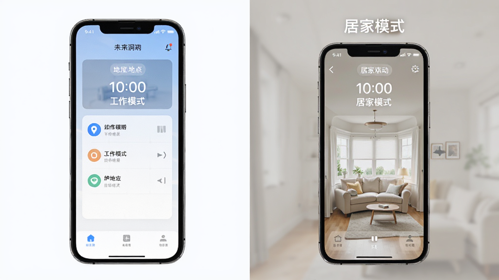 未来洞APP智能场景切换功能展示图,主体为手机UI界面,左右两侧分别显示“工作模式”与“居家模式”的界面切换效果,布局为上下对比式,风格为清新简洁的UI设计稿,细节突出时间、地点标签,画质干净,无多余元素。